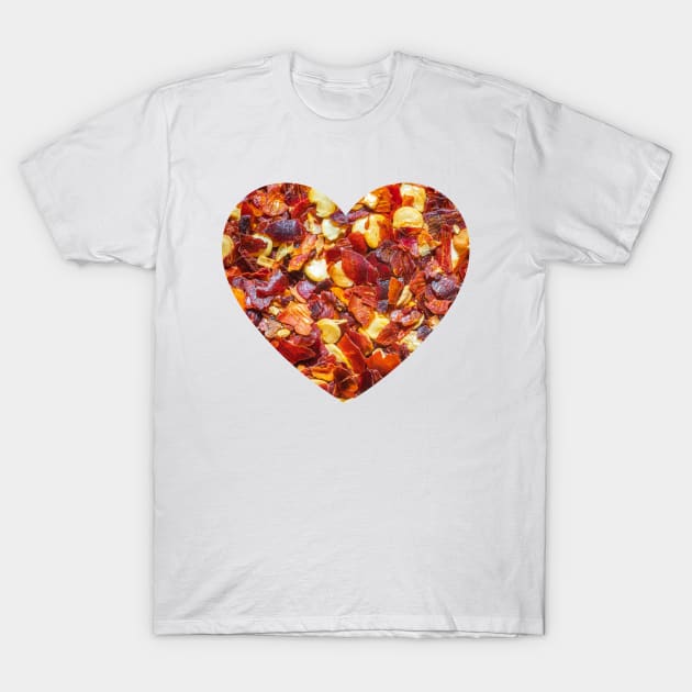 Spicy Red Hot Pepper Chili Flakes Photograph Heart. T-Shirt by love-fi